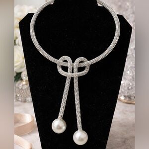 ✨ Silver Rhinestone Bow Knot Choker with Pearl Drops